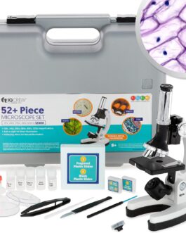 AmScope 120X-1200X 52-pcs Kids Beginner Microscope STEM Kit with Metal Body Microscope, Plastic Slides, LED Light and Carrying Box (M30-ABS-KT2-W),White