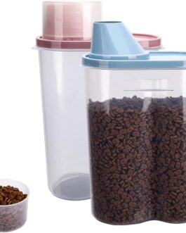 GreenJoy 2 Pack 2lb/2.5L Pet Food Storage Container with Measuring Cup, Can Covers and Bowl for Small Dog, Cat, Waterproof-BPA Free (Blue and Pink)